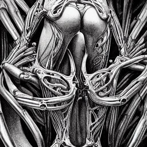 Image similar to cinematic scene of a detailed and intricate design of the back of full woman body wrapped in bones, close up, photo real, intrincate, in the style of giger, studio shot, dark shadows, creepy, nightmarish, dynamic lighting, great finesse organic hyper detailed, engineering blueprints, technical drawings, calculus, stained paper, hyperrealistic, ultra detailed, 16K, unreal engine, trending on artstation