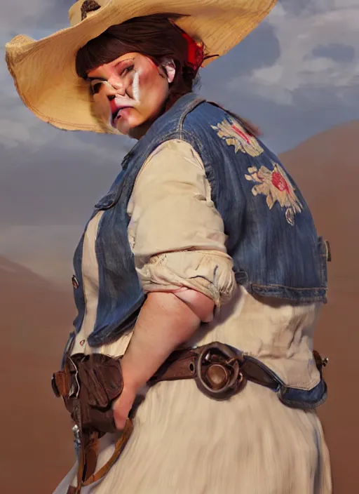 Image similar to highly detailed portrait of chubby woman wearing a white wide brim straw hat and a denim jacket, determined. red dead redemption art, unreal engine, fantasy art by greg rutkowski