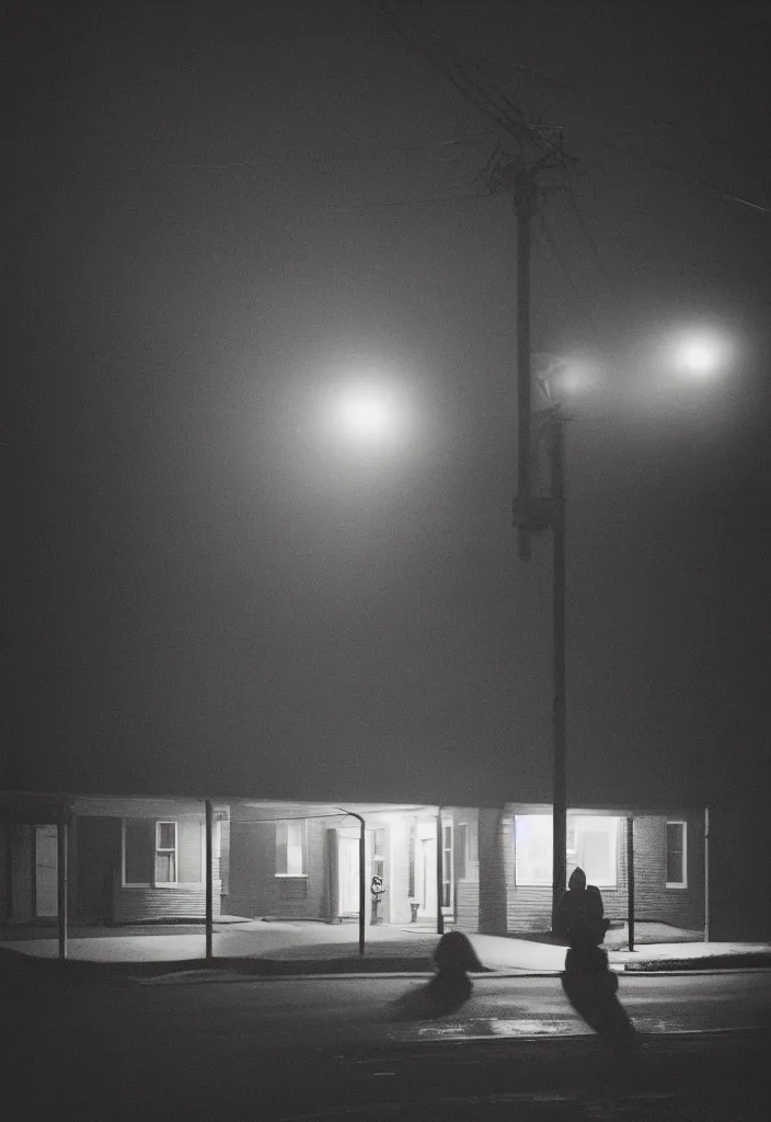 Image similar to “ quiet american neighborhood at night, a woman waiting with a black umbrella, photography in the style of gregory crewdson, mist, rule of thirds ”