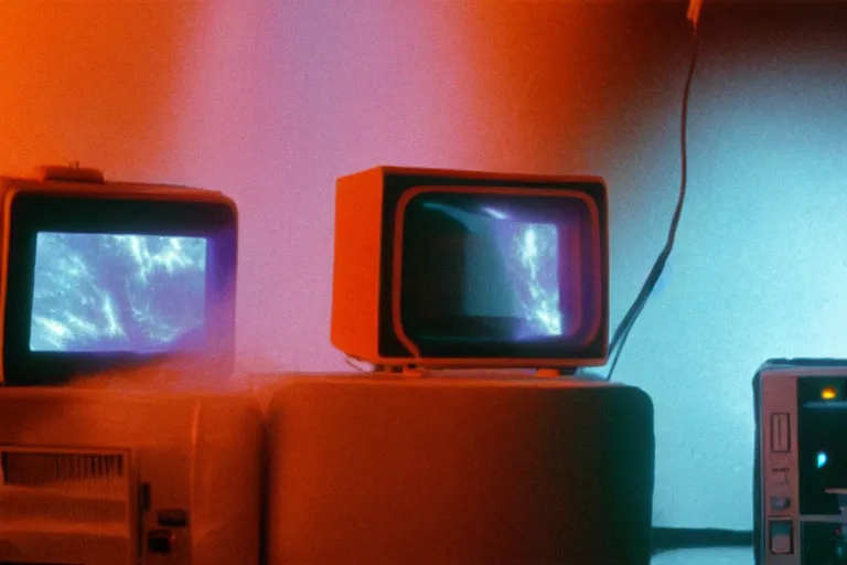 Image similar to toaster emerging from a space portal in cyberspace, fractal, in 1 9 8 5, y 2 k cutecore clowncore, bathed in the glow of a crt television, crt screens in background, low - light photograph, in style of tyler mitchell