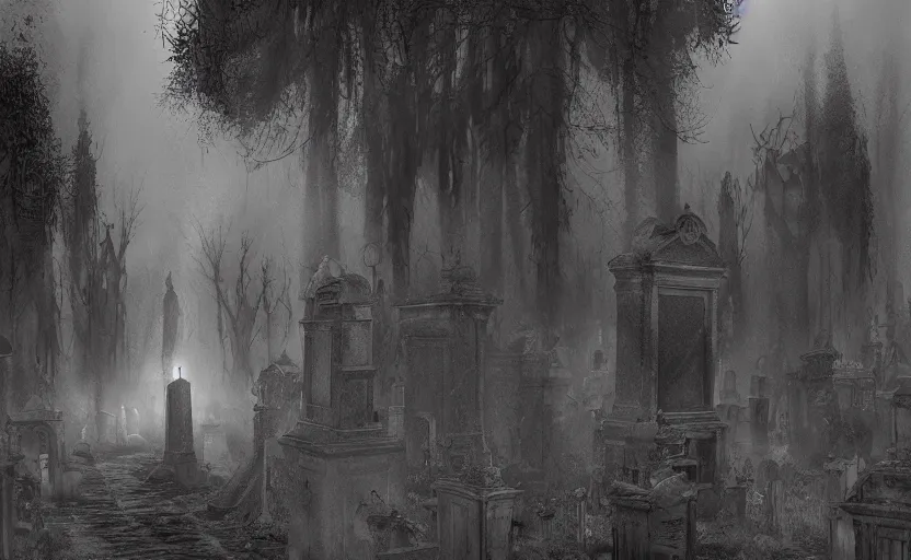 Image similar to a ghost walking though an old cemetary. haunted. night, rain, mist. hyper detailed. trending on artstation
