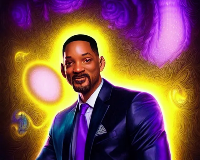 Prompt: portrait of will smith, fractal neon glowing diagram background, intricate purple suit, digital art by artgerm and karol bak