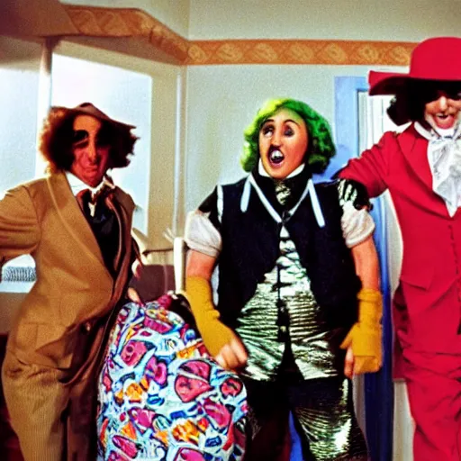Prompt: willy wonka is sick in the hospital, oompa loompas dace around his bed, vacation photo, 8 0 s film