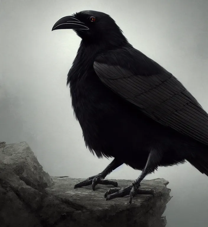 Image similar to raven bird!, realistic, 8 k, extremely detailed, cgi, trending on artstation, hyper - realistic render, 4 k hd wallpaper, premium prints available, octane render, award winning, by greg rutkowski