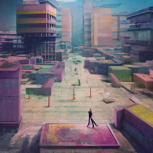 Image similar to neo brutralism, concrete pathways crossing chasms with dystopian housing, concept art, colorful, oilpainting, hyperrealistic, cgsociety, octane render, in the style of Mark Rothko, Edward Hopper and Akihiko Yoshida