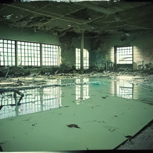 Prompt: a destroyed and abandoned indoor swimming, 35mm color film