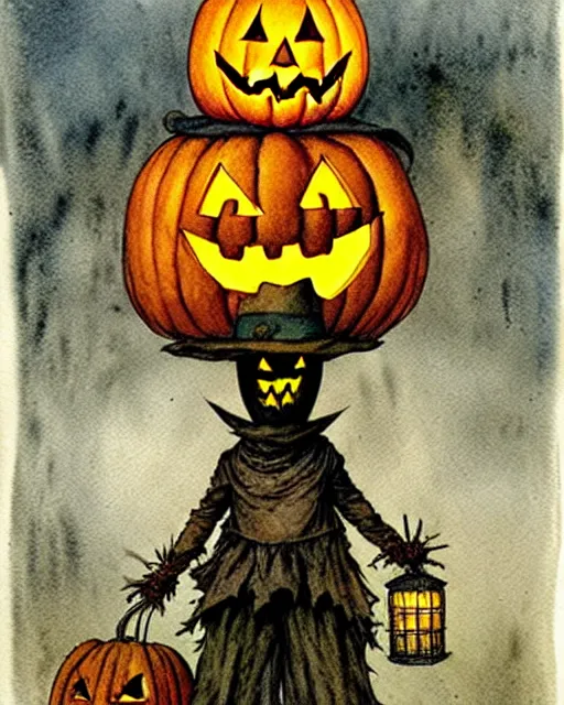 Image similar to a simple and atmospheric watercolour portrait of a scarecrow with a jack - o - lantern head holding a lantern on halloween, very muted colors, by rebecca guay, michael kaluta, charles vess and jean moebius giraud