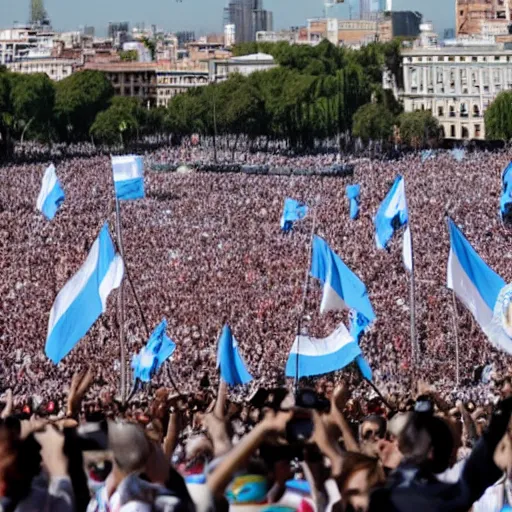 Image similar to Lady Gaga as president, Argentina presidential rally, Argentine flags behind, bokeh, giving a speech, detailed face, Argentina