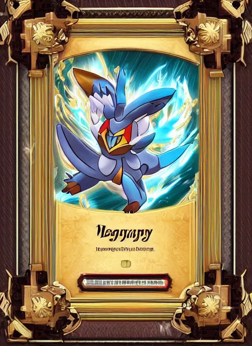 Image similar to legendary pokemon with trading card design and ornate border frame, art station, full card design