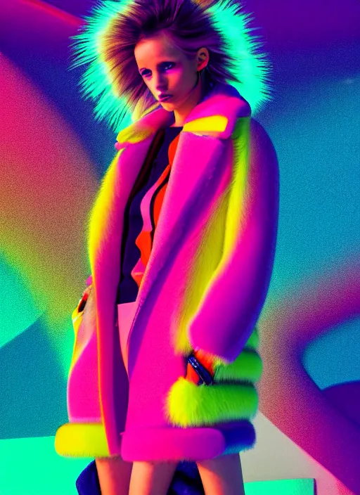 Image similar to stylish coat for a rave, bright colors, many details, prints, photo for a magazine, photo for a store, fashion photography, Vogue, 135 mm, cinematic, hyper realism, high detail, octane render, 8k, chrome accents, very coherent symmetrical artwork, perfect face model, full length photo, Upper and lower body, even skin tone