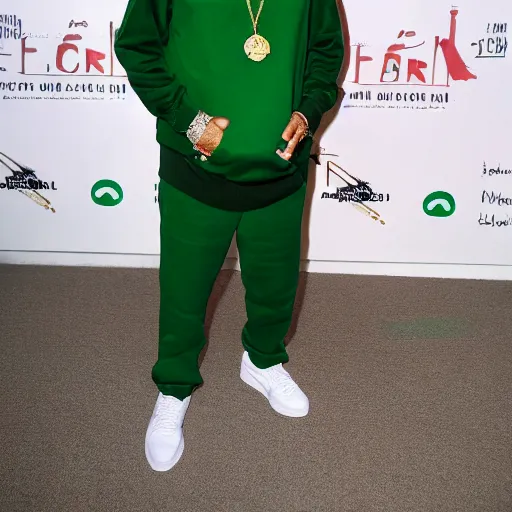 Image similar to jafar panahi wearing a green tracksuit and gold necklace with large star shaped gold medallion