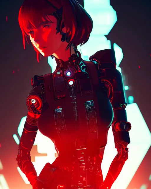 Image similar to a comic potrait of a cyberpunk cyborg girl with black and red parts, fine - face, realistic shaded perfect face, fine details. night setting. very anime style. realistic shaded lighting poster by ilya kuvshinov katsuhiro, unreal engine, global illumination, radiant light, detailed and intricate environment