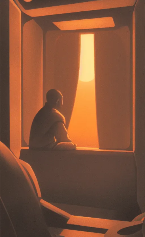 Prompt: portrait of a blind monk in a spaceship, looking out the window at a planet, orange robe, dramatic lighting, artstation, matte painting, ralph mcquarrie