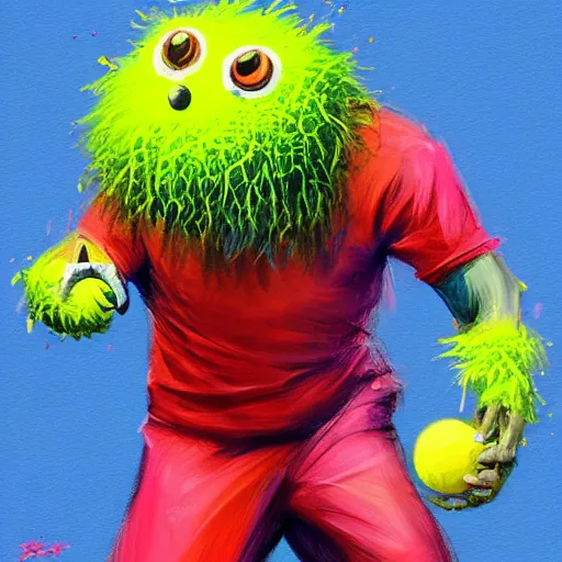 Image similar to a tennis ball monster ,tennis ball, tennis racket, colorful, digital art, fantasy, magic, trending on artstation, ultra detailed, professional illustration by Basil Gogos