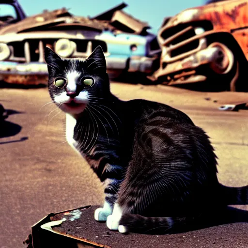 Prompt: cat donald rumsfeld, junkyard, photo, detailed, 4 k