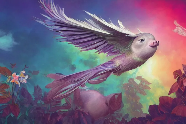 Image similar to a pig with rainbow feathered wings, flying above a tropical forest, HD, illustration, epic, D&D, fantasy, intricate, elegant, highly detailed, digital painting, artstation, concept art, smooth, sharp focus, illustration, wallpaper, art by artgerm and greg rutkowski and alphonse mucha and jin xiaodi and anthony devine