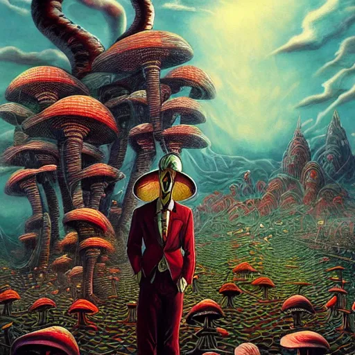 Image similar to A centered chest up portrait of a psychedelic demonic anthropomorphic snake smoking a hand-rolled cigarette smoking heavily , magic mushroom village in background , award winning. superb resolution. in the art style of junji Ito and greg rutkowski . Detailed Mushroom city in background. Hyper realistic anime. Perfect art. Dalle2