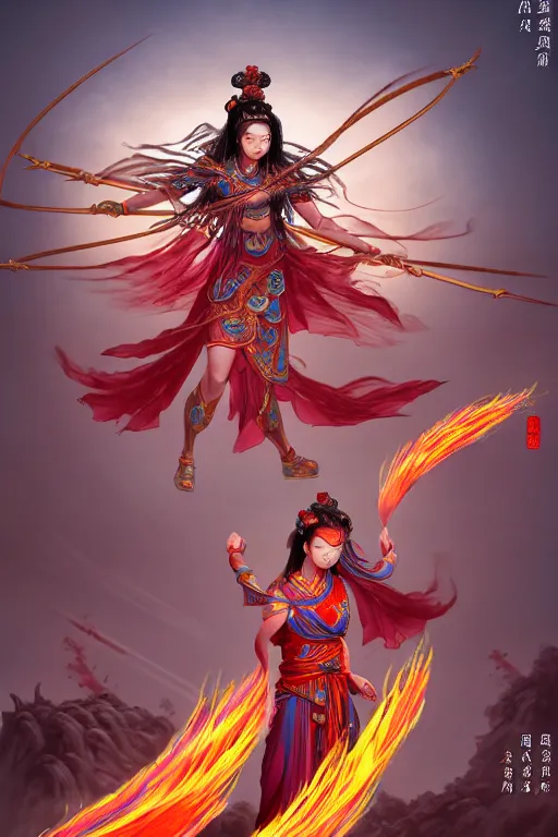 Image similar to nezha flies around swiftly on his wind flame circles in ruin chinese city, masterpiece, chinese mythology, top view, cinematic, fantasy character portrait, highly detailed, by new gods : nezha reborn, nezha : birth of the demon child, ne zha from smite, trending on artstation, concept art, flame everywhere,