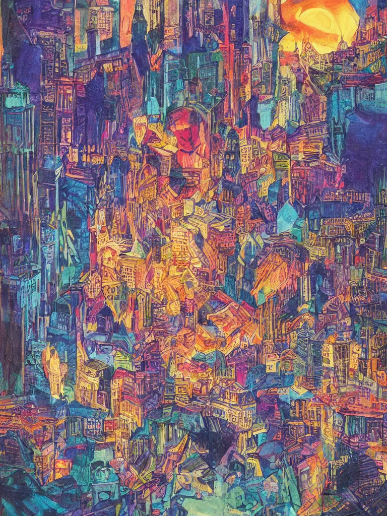 Prompt: demons dream of sleeping in a beautiful city, high detailed, art by jack butler, part by chris gwaltney dominic besner, colourful
