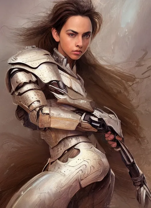 Image similar to a professional portrait of a beautiful young female, clothed in ethereal battle armor, olive skin, long dark hair, beautiful bone structure, symmetrical facial features, intricate, elegant, digital painting, concept art, smooth, sharp focus, finely detailed, illustration, from Valerian and the City of a Thousand Planets, in the style of Ruan Jia and Mandy Jurgens and Artgerm and Greg Rutkowski and William-Adolphe Bouguerea