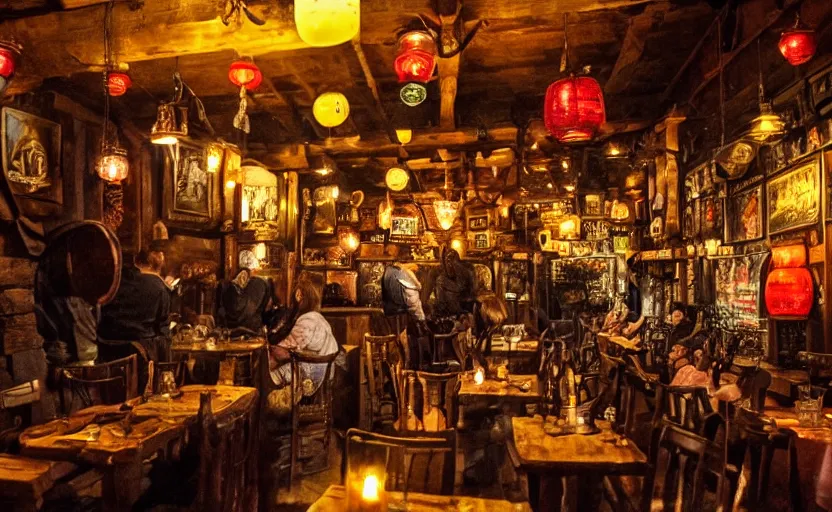 Prompt: medieval tavern, rowdy patrons, steins of ale, ambient, atmospheric, british, cozy, bokeh, adventurous, colorful lanterns