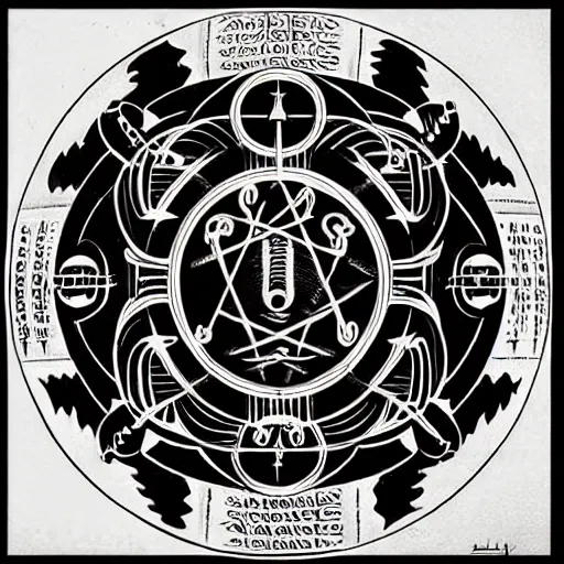 Image similar to masterpiece, symmetrical occult summoning sigil calligraphy by christophe szpajdel, h. r. giger, biomechanical, alchemy, monogram