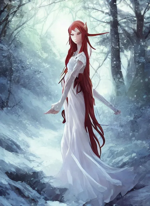 Image similar to an elven girl standing in a snowy forest, flowing white dress, auburn hair. By Makoto Shinkai, Stanley Artgerm Lau, WLOP, Rossdraws, James Jean, Andrei Riabovitchev, Marc Simonetti, krenz cushart, Sakimichan, trending on ArtStation, digital art.