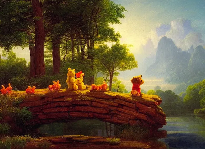 Image similar to american realist romanticism landscape painting of winnie the pooh characters at night, night time, colorful paper lanterns, in the style of hudson river school and thomas cole and albert bierstadt and robert duncanson and vincent van gogh