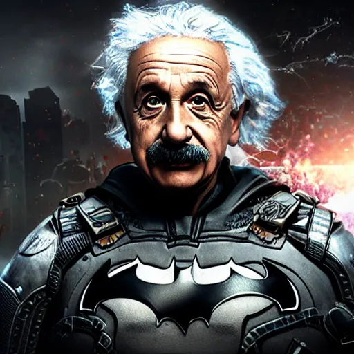 Image similar to 'Albert Einstein'! as Batman in Gears of War, splash art, movie still, detailed face, cinematic lighting, color, dramatic, octane render, long lens, shallow depth of field, bokeh, anamorphic lens flare, 8k, hyper detailed, 35mm film grain