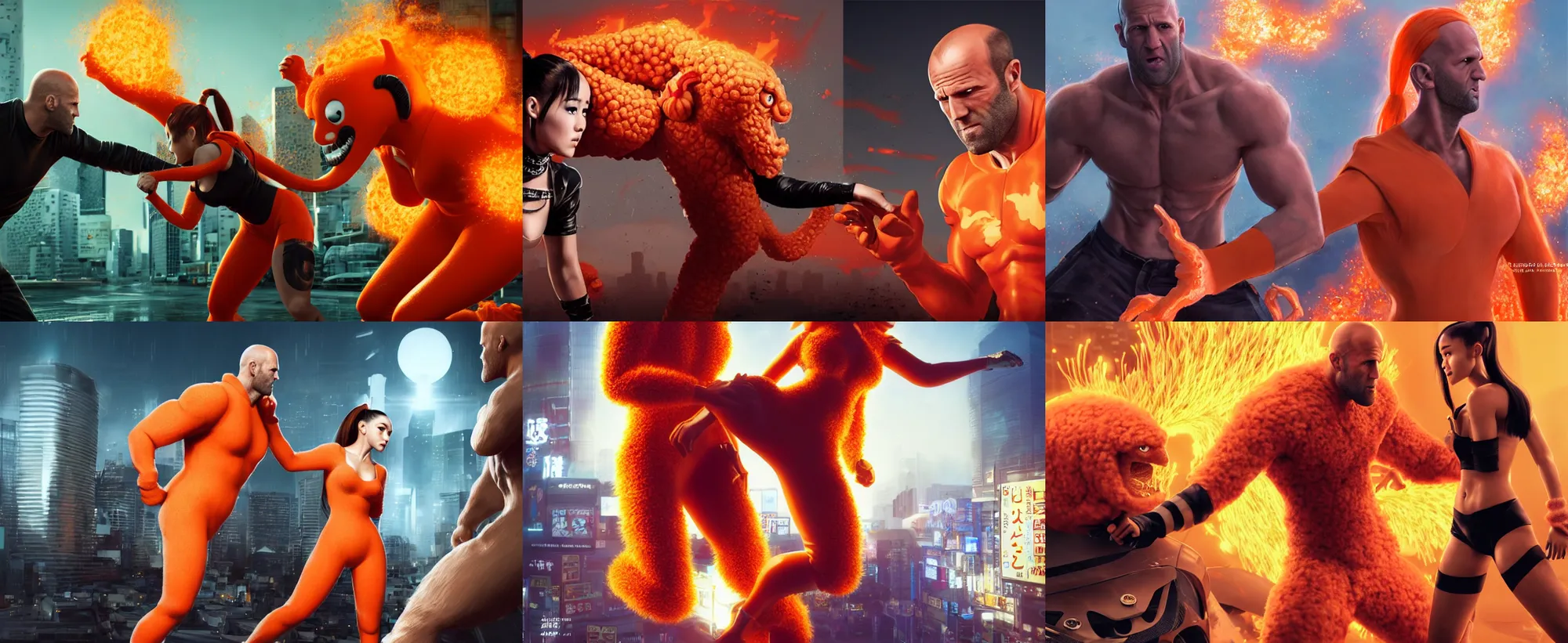 Prompt: ultrarealistic jason statham vs giant ariana grande wearing orange monster chicken suit in tokyo by yusuke murata, octane render, character concept art, movie action still frame, cinematic lighting, volumetric lighting, extreme intricate details, artstation, dnd art, cgsociety, sharp focus, ultra wide angle, digital painting by artgerm, gerald brom, wlop