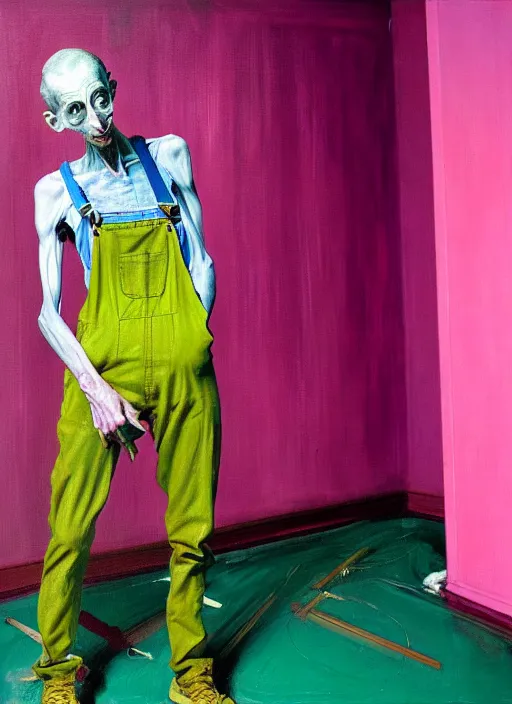 Prompt: an insane, skinny, artist wearing overalls, expressive painting the walls inside a grand messy studio, hauntingly surreal, highly detailed painting by francis bacon, edward hopper, adrian ghenie, gerhard richter, and james jean, soft light 4 k in pink, green and blue colour palette, cinematic composition,