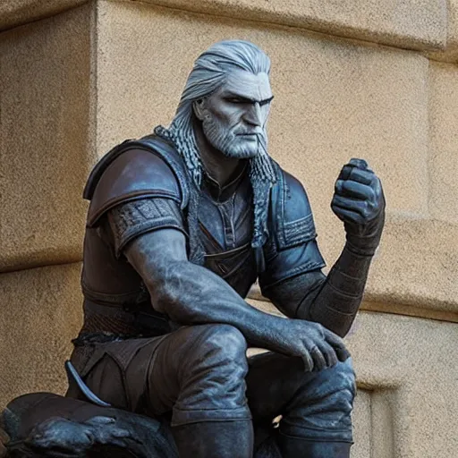 Image similar to statue of geralt from the witcher, posed like rodin's the thinker, museum photo