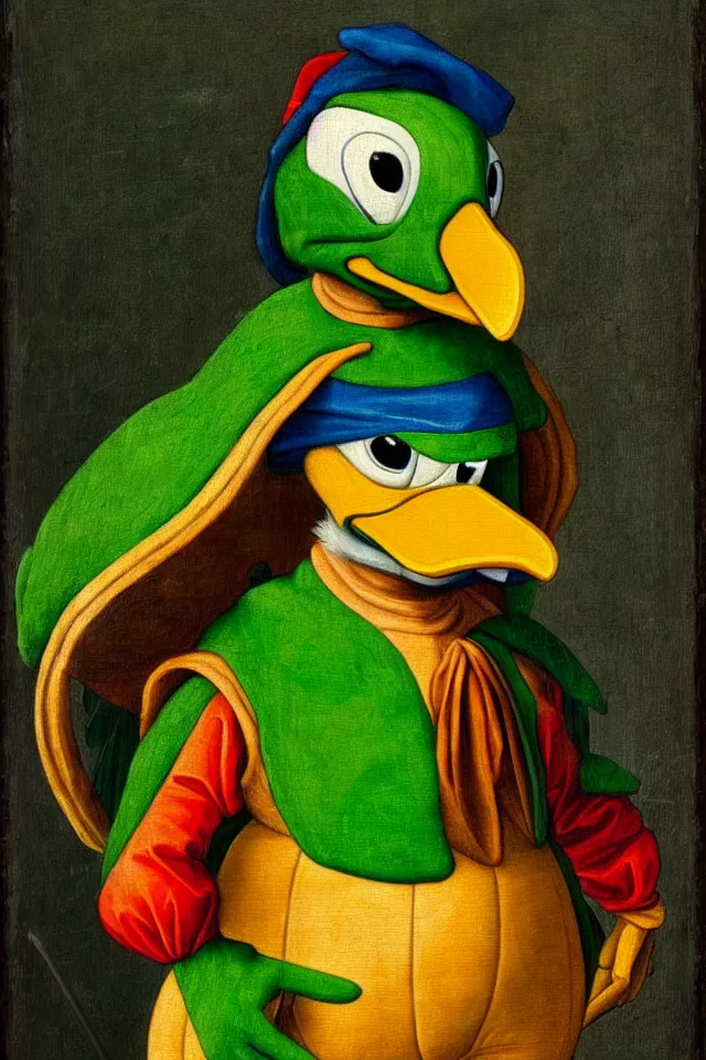 Image similar to a renaissance portrait of donald duck as a green parrot ninja turtle, beautiful intricate painting