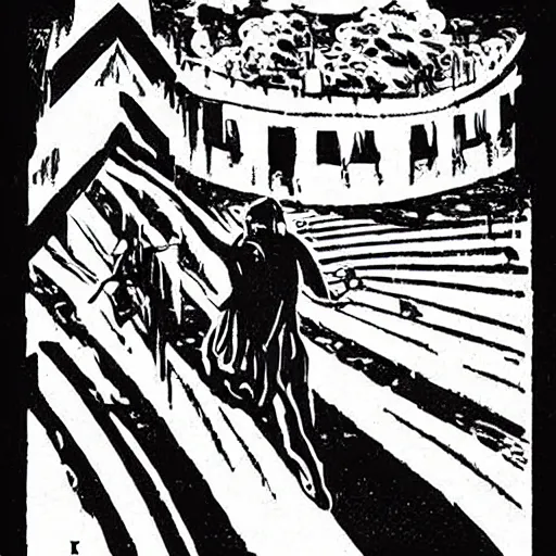 Image similar to Woodcut cover for “Gods' Man,” a 1929 black-and-white wordless novel that tells a Faustian tale of ambition, love, greed and death. It's by the illustrator and woodcut artist Lynd Ward