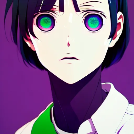 Prompt: anime poster film still portrait, young woman, black woman, purple colored eyes, purple colored eyes, white french bob, green colored bomber jacket, detailed facial features, dynamic pose, cute face by ilya kuvshinov, yoh yoshinari, makoto shinkai, rimlight, cel shaded, 4 k