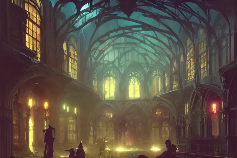 Prompt: Hogwarts, neon lighting, night city, digital art from artstation by Ruan Jia and Mandy Jurgens and Artgerm and william-adolphe bouguereau and Greg Rutkowski and Wayne Barlowe