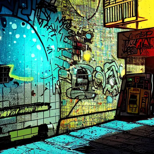 Image similar to graffiti on a wall in a run down building, happy mood, cyberpunk, futuristic, neon, high detail, golden light, realistic