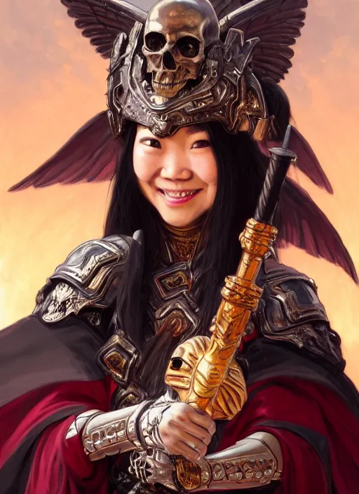 Prompt: Close-up portrait of smiling young asian woman wearing a black armor with skulls and a winged helmet and, holding a magic staff, portrait, fireball, highly detailed, digital painting, artstation, concept art, sharp focus, illustration, art by artgerm and greg rutkowski and alphonse mucha