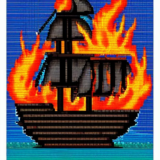 Image similar to burning pirate ship pixel art