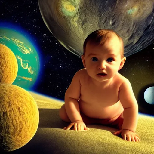 Image similar to baby from 2 0 0 1 looking over the planet looks like stanley kubrick realistic cinematic hdr