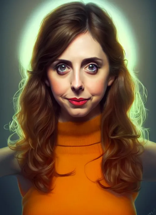 Prompt: full body gorgeous young Alison Brie, realistic character concept, full body pose, autumn leaves, orange yellow, shorter neck, illustration, symmetrical face and body, cinematic lighting, detailed realistic symmetrical eyes, artgerm, Joshua Middleton, single face, insanely detailed and intricate, beautiful