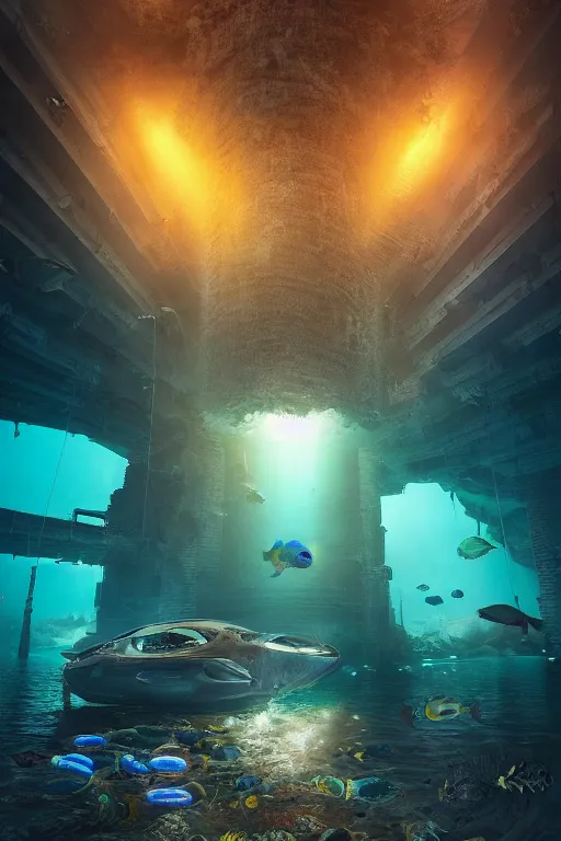 Image similar to hyperrealistic precisionist cinematic underwater dystopian futurist city ruins with giant bioluminescent multicolored mutant fish and cyborg jellyfish, digital art masterpiece, aykut aydogdu eric zener, very dramatic volumetric light, long shot, ground angle uhd 8 k, deep focus