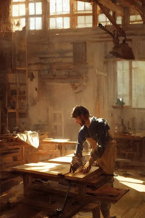 Image similar to simple craftsman fine woodworker building a wooden table in their well lit clean open workshop, art by anders zorn, wonderful masterpiece by greg rutkowski, beautiful cinematic light, american romanticism thomas lawrence, greg rutkowski