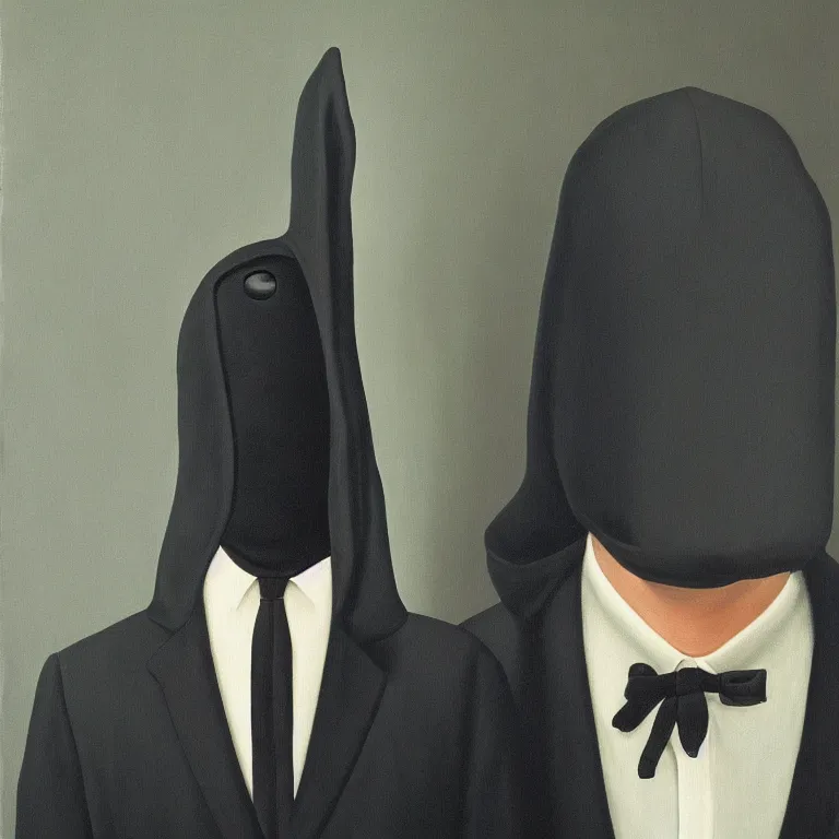 Image similar to portrait of a faceless hooded figure in a suit by rene magritte, detailed painting, distance, centered, hd, hq, high resolution, high detail, 4 k, 8 k