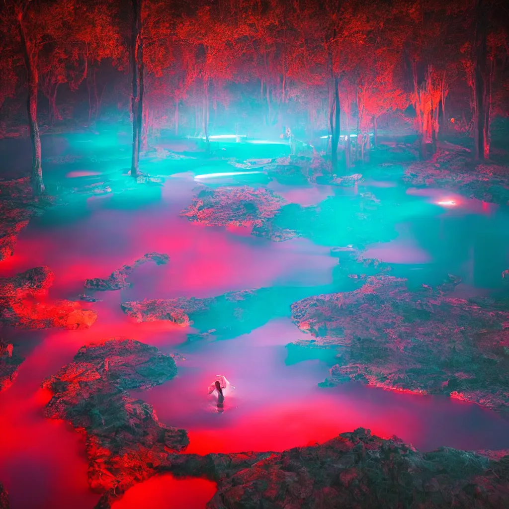 Image similar to rave in the red pond at night, light art, epic composition, by benoit paille, hd, octane, volumetric lighting, masterpiece,