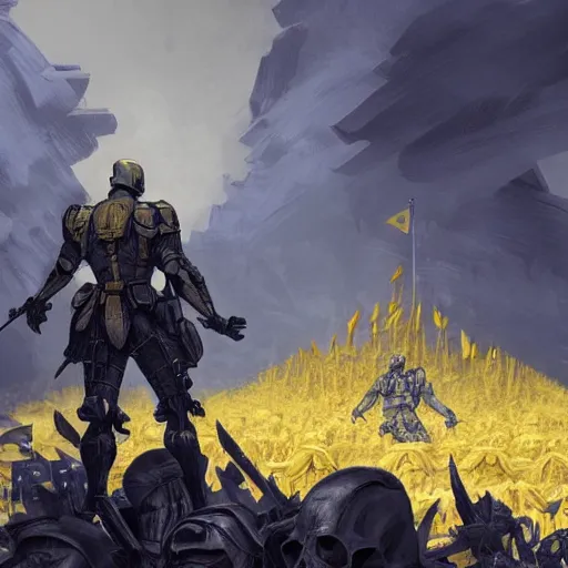 Image similar to a full body shot from distance from behind of a super soldier with a yellow and blue flag standing on a huge pile of skulls in triumph after battle, western, D&D, fantasy, intricate, elegant, highly detailed, digital painting, artstation, concept art, matte, sharp focus, symmetrical, illustration, art by Artgerm and Greg Rutkowski and Alphonse Mucha