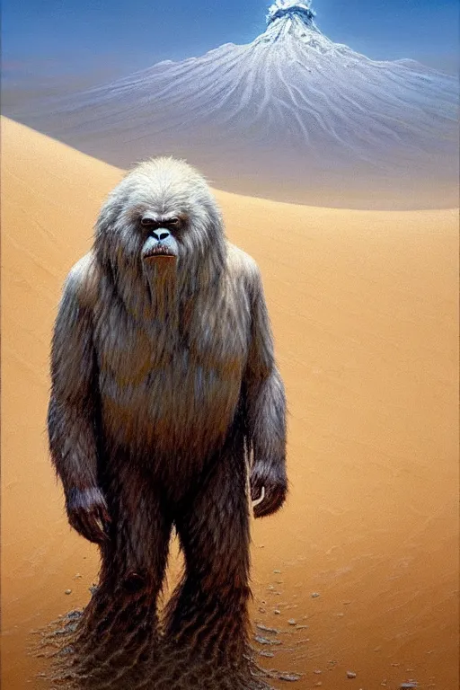 Prompt: classic oil painting, an exhausted yeti that is pouring sweat, as a dnd character, standing in a puddle amidst sand dunes, depression, wet fur, melting, highly detailed, digital illustration, concept art, smooth, sharp focus, art by tim hildebrandt, and greg hildebrandt