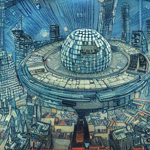 Prompt: A cyberpunk city with a miniature dyson sphere in the middle, drawn by Van Gogh