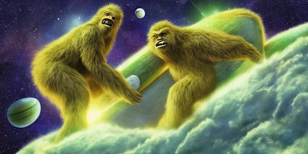 Prompt: Sasquatch riding a giant pickle in space, beautiful cosmic