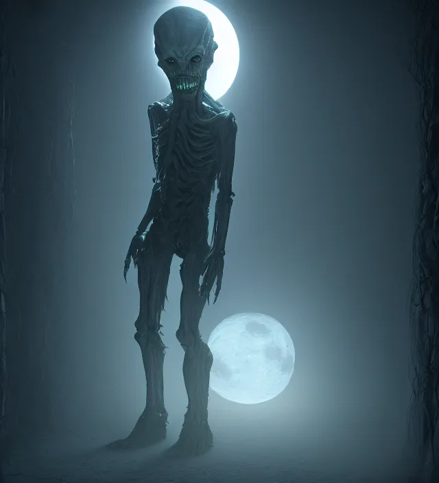 Prompt: a nightmare humanoid ghost monster alien standing in front of a window, moon light through the window, volumetric lighting, hyperealistic, 4 k, inspired by stephen king, inspired by lovecraft, inspired by jeffrey smith